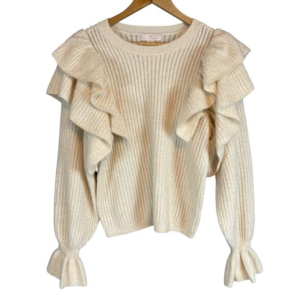Rachel Parcell Ruffle Sleeve Pointelle Crew Neck Long Sleeve Sweater Cream XL - Picture 3 of 7